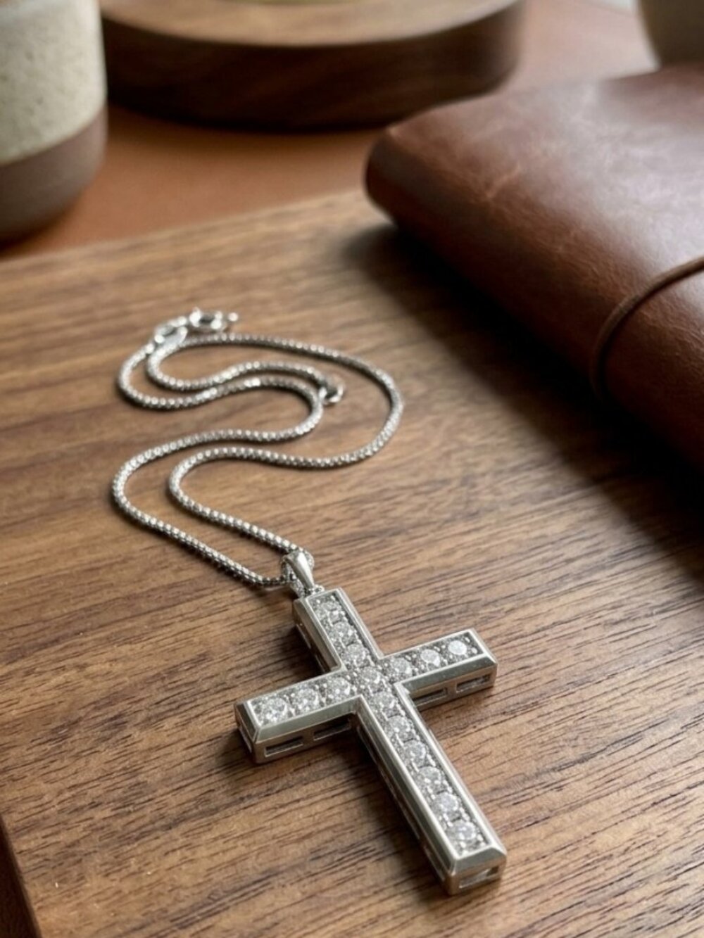 Mens Moissanite Cross Necklace Sterling Silver